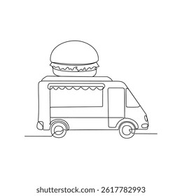 One continuous line drawing of Food and drink truck vector illustration. Food and drink themes design concept in simple linear style. Burger truck food for your asset design and educational.