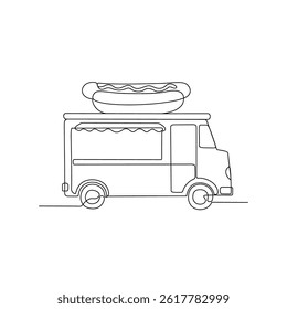 One continuous line drawing of Food and drink truck vector illustration. Food and drink themes design concept in simple linear style. Hotdog truck food for your asset design and educational.