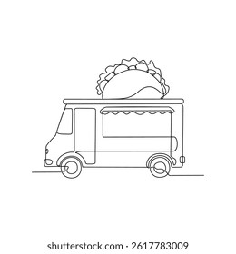 One continuous line drawing of Food and drink truck vector illustration. Food and drink themes design concept in simple linear style. Tacos truck food for your asset design and educational.