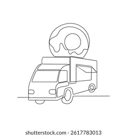 One continuous line drawing of Food and drink truck vector illustration. Food and drink themes design concept in simple linear style. Doughnut truck food for your asset design and educational.
