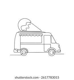 One continuous line drawing of Food and drink truck vector illustration. Food and drink themes design concept in simple linear style. Ice Cream truck food for your asset design and educational.