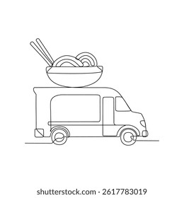One continuous line drawing of Food and drink truck vector illustration. Food and drink themes design concept in simple linear style. Fried Chicken truck food for your asset design and educational.