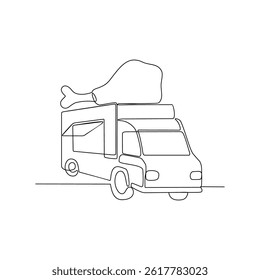 One continuous line drawing of Food and drink truck vector illustration. Food and drink themes design concept in simple linear style. Fried Chicken truck food for your asset design and educational.