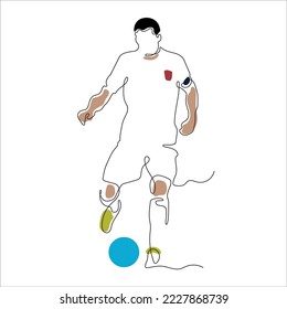 One continuous line drawing of  
football player dribbling and passing the 
ball at the game. Soccer match sports concept. 
Single line draw design vector illustration