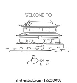 One continuous line drawing Forbidden City Palace landmark. World iconic place in Beijing, China. Holiday vacation home wall art decor poster print. Modern single line draw design vector illustration