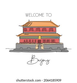 Una línea continua dibujando el monumento del Palacio de la Ciudad Prohibida. Lugar icónico mundial en Beijing, China. Afiche de decoración de arte en la pared del hogar de vacaciones. Ilustración vectorial de diseño de trazos de línea única moderna