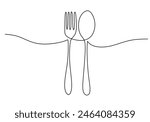 one continuous line drawing of fork and spoon isolated on white background. Cooking, kitchen and table manner concept vector illustration.