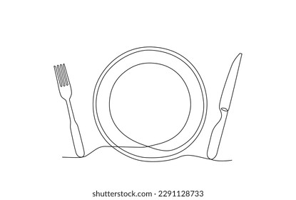 One continuous line drawing of fork, knife and plate top view. Single line drawing of food tools for restaurant menu, poster or banner in simple linear style. Sketch. Minimalist vector illustration