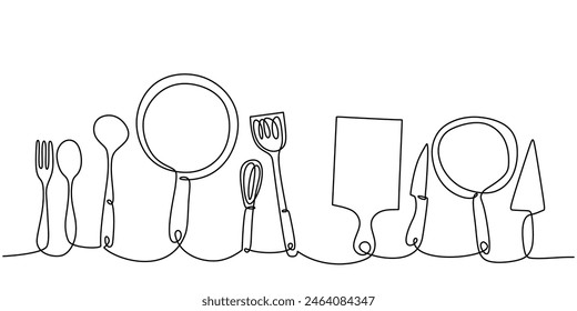 one continuous line drawing of fork, spoon, mixer, pan, spatula, cutting board and knife for kitchen equipment vector illustration.