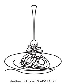 Um desenho de linha contínua de garfo e placa com espaguete em estilo linear simples. Um macarrão. Desenho de linha única do desenho à mão. Ilustração minimalista da arte da linha para o menu do restaurante