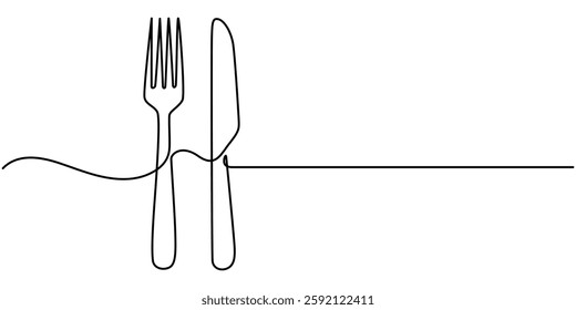 one continuous line drawing of fork and spoon on white background. Cooking, kitchen and table manner, Spoon, fork and knife in continuous line drawing style. Line art silhouette of cutlery. 