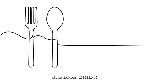 one continuous line drawing of fork and spoon on white background. Cooking, kitchen and table manner, Spoon, fork and knife in continuous line drawing style. Line art silhouette of cutlery. 