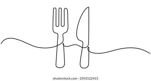 one continuous line drawing of fork and spoon on white background. Cooking, kitchen and table manner, Spoon, fork and knife in continuous line drawing style. Line art silhouette of cutlery. 