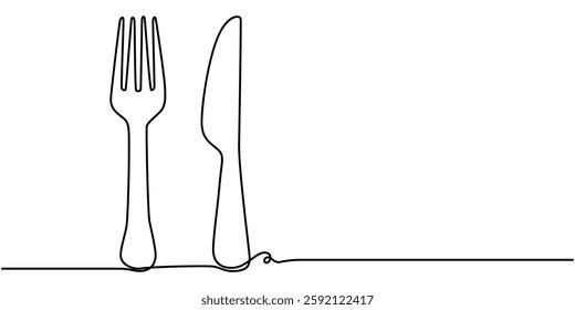 one continuous line drawing of fork and spoon on white background. Cooking, kitchen and table manner, Spoon, fork and knife in continuous line drawing style. Line art silhouette of cutlery. 