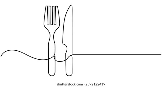 one continuous line drawing of fork and spoon on white background. Cooking, kitchen and table manner, Spoon, fork and knife in continuous line drawing style. Line art silhouette of cutlery. 