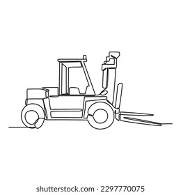 Un plano de línea continua de carretilla elevadora en el proyecto del sitio. Concepto del proyecto de construcción con un estilo lineal simple. Concepto de ilustración del diseño del vector del proyecto de construcción