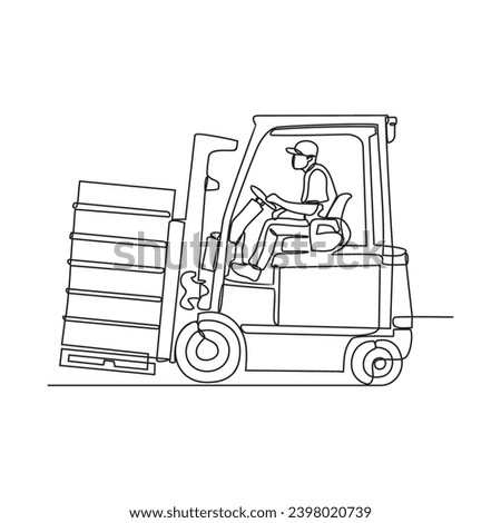 One continuous line drawing of a forklift with its operator is lifting boxes of goods at the project site vector illustration. Construction Project design concept with simple linear style. 