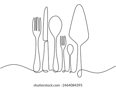 one continuous line drawing of forks, knife, and spoons isolated on white background. Table manner concept vector illustration.