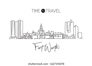 One Continuous Line Drawing Of Fort Worth City Skyline, USA. Beautiful Landmark. World Landscape Tourism And Travel Vacation Poster. Editable Stylish Stroke Single Line Draw Design Vector Illustration