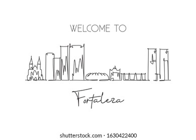 One continuous line drawing Fortaleza city skyline Brazil. Beautiful landmark postcard. World landscape tourism and travel vacation. Editable stylish stroke single line draw design vector illustration