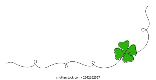 One continuous line drawing of four-leaved clover. Good luck floral symbol in simple linear style. Concept for web banner Saint Patrick Day in editable stroke. Doodle vector illustration