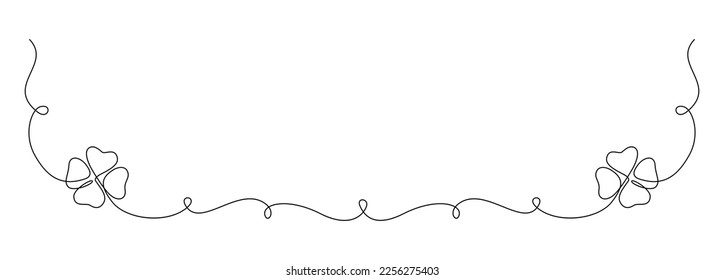 One continuous line drawing of four-leaved clover. Good luck floral symbol in simple linear style. Concept for web banner Saint Patrick Day in editable stroke. Contour outline vector illustration