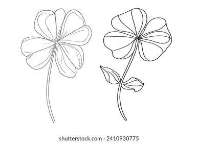 One continuous line drawing of four-leaved clover. Outline of isolated on white background. Monochrome vector illustration.