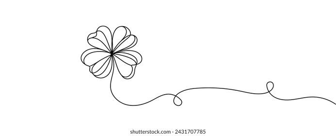 One continuous line drawing of four-leaved clover. Good luck floral symbol in simple linear style. Concept for web banner Saint Patrick's Day in editable stroke. Doodle vector illustration