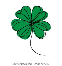 One continuous line drawing of four-leaved clover. Good luck floral symbol in simple linear style. Concept for web banner Saint Patrick's Day in editable stroke. Doodle vector illustration