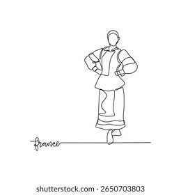 One continuous line drawing of France signature themes design vector illustration. France national clothes in simple linear style vector design concept. Good design tourism and travel campaign.