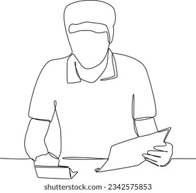 One continuous line drawing of Freelancer filling invoice, distance job payroll, money transfer online, remote and work payment concept. Doodle vector illustration in simple linear style.