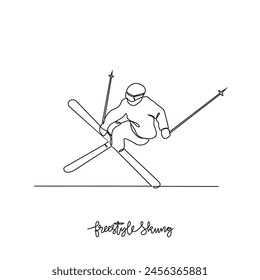 One continuous line drawing of Freestyle Skiing sports vector illustration. Freestyle Skiing sports design in simple linear continuous style vector concept. Sports themes design for your asset design.