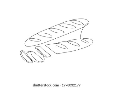 One continuous line drawing of French baguette. Simple linear sketch of long loaf bread, bakery concept for logo. Vector illustration