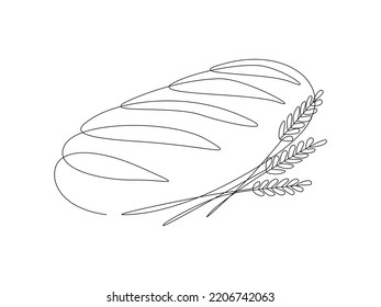 One Continuous Line Drawing Of French Baguette Bread. Baking Loaf Logo For Bakery Shop With Plant Wheat In Simple Linear Style. Outline Editable Stroke. Doodle Vector Illustration