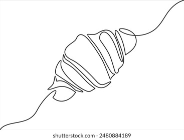 One continuous line drawing of French croissant. Symbol of love in Paris in simple linear style. Croissant icon, bakery logo. Editable stroke. Vector illustration.