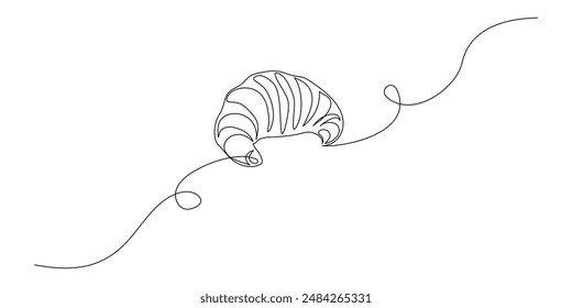 One continuous line drawing of french croissant. Bakery and morning breakfast concept in simple linear style. Pastry chocolate snack in editable stroke. Doodle outline vector illustration