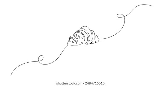 One continuous line drawing of french croissant. Bakery and morning breakfast concept in simple linear style. Pastry chocolate dessert symbol in editable stroke. Doodle contour vector illustration