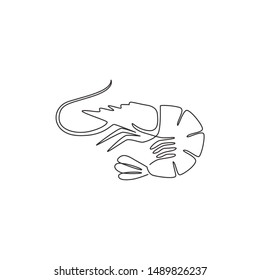 One Continuous Line Drawing Of Fresh Shrimp For Seafood Logo Identity. Prawn Mascot Concept For Chinese Restaurant Icon. Single Line Draw Design Vector Graphic Illustration