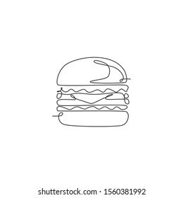 One continuous line drawing of fresh delicious American cheeseburger restaurant logo badge. Fast food burger cafe shop logotype template concept. Modern single line draw design vector illustration