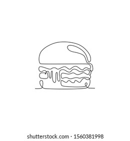 One continuous line drawing of fresh delicious American burger restaurant logo emblem. Fast food beef burger cafe shop logotype template concept. Modern single line draw design vector illustration