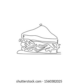 One continuous line drawing of fresh delicious American sandwich restaurant logo emblem. Fast food cafe shop logotype template concept. Modern single line draw design vector graphic illustration