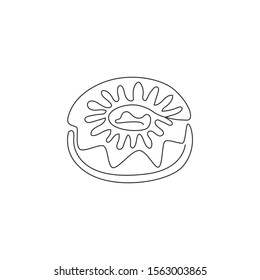 One continuous line drawing of fresh sweet delicious American donuts restaurant logo emblem. Fast food doughnut cafe shop logotype template concept. Modern single line draw design vector illustration