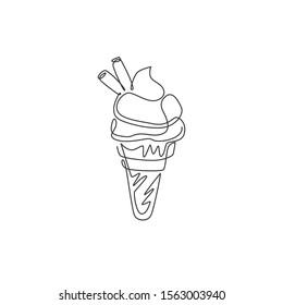 One continuous line drawing of fresh delicious ice cream cone restaurant logo emblem. Dessert sweet icecream cafe shop logotype template concept. Modern single line draw design vector illustration