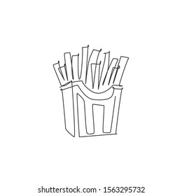 One continuous line drawing of fresh delicious American french fries restaurant logo emblem. Boxed fast food cafe shop logotype template concept. Modern single line draw design vector illustration
