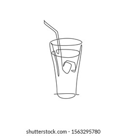 One continuous line drawing of fresh sweet soft drink on glass with ice cube logo emblem. Drinking cafe shop logotype template concept. Modern single line draw design graphic vector illustration