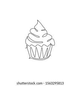 One continuous line drawing of fresh delicious American muffin cookies restaurant logo emblem. Sweet pastry online shop logotype template concept. Modern single line draw design vector illustration