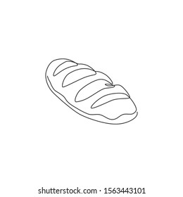 One continuous line drawing of fresh delicious French long thin loaf bread restaurant logo emblem. Baguette cafe shop logotype template concept. Modern single line draw design vector illustration