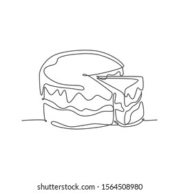 One continuous line drawing of fresh delicious birthday with sliced cut cake tart art. Sweet decorative pastry concept. Modern single line draw design vector illustration graphic