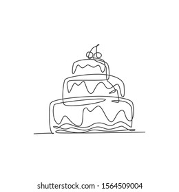 One continuous line drawing of fresh delicious stacked birthday cake with strawberry fruit topping. Pastry confectionery concept. Modern single line draw design graphic vector illustration