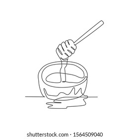 One continuous line drawing of fresh delicious sweet honey on wooden bowl with dipper drip. Natural organic food template concept. Modern single line draw design healthy supplement vector illustration